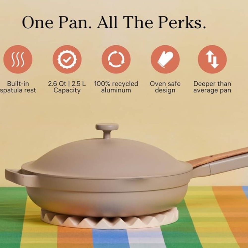 NWOB Our Place Forever Non Stick Pan Strainer Wooden Spoon Beige Pot 10.5 in - Picture 2 of 16
